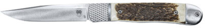 CobraTec Knives CTTHRSTG Trapper Hidden Release 3.12″ Flip Open Drop Point Plain Satin D2 Steel Blade, 4.25″ Stag Scales Handle