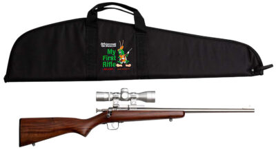 Crickett KSA2238BSC My First Rifle Package 22 S/L/LR Single Shot 16.10″ Stainless Steel Barrel & Receiver, American Walnut Fixed Stock, 4×32 Scope