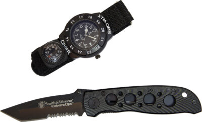 S&W SWXTMOPS2 S&W Extreme Ops Combo 3.18″ Folding Plain Black 420 Stainless Steel Blade, Black Handle, Watch w/Compass