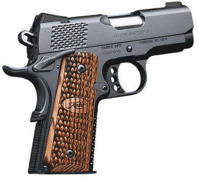 Kimber Mfg, Inc 3200150CA Raptor II Ultra *CA Compliant 45 ACP 7+1 3″ Stainless Match Grade Barrel, Matte Black Serrated Steel Slide, Matte Black Aluminum Frame w/Beavertail, Zebrawood Grip