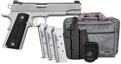 Kimber Mfg, Inc 3700826 Stainless LW Club Bundle Full Size Frame 45 ACP 7+1 5″ Stainless Match Grade Barrel, Serrated Stainless Steel Slide, Stainless Aluminum Frame w/Beavertail, Black Textured Grip