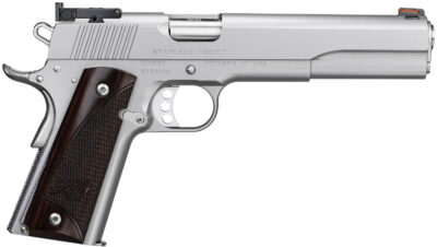 Kimber Mfg, Inc 3000373 Target Long Slide 45 ACP 7+1 6″ Stainless Match Grade Barrel, Satin Silver Long/Serrated Stainless Steel Slide, Satin Silver Stainless Steel Frame w/Beavertail, Rosewood Grip