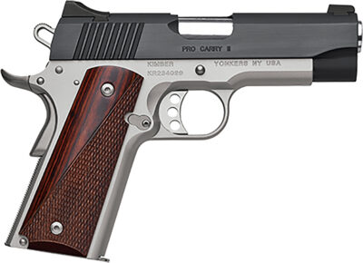 Kimber Mfg, Inc 3200320 Pro Carry II  45 ACP 7+1 4″ Stainless Match Grade Barrel, Matte Black Brushed Serrated Steel Slide, Satin Silver Aluminum Frame w/Beavertail, Rosewood Grip