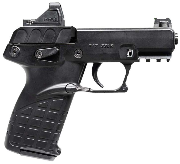 Kel-Tec P17BBLKOPTIC P17 Compact Frame 22 LR 16+1 3.80" Black Steel Barrel, Black Serrated Steel Slide, Black Polymer Frame w/Picatinny Rail, Textured Grip, Viridian RFX-11 Green Dot, Ambidextrous