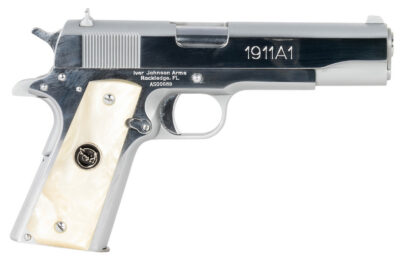 Iver Johnson Arms 1911A138CHRWP 1911 38 Super 8+1 5″ Stainless Steel Barrel, Bright Polish Chrome Stainless Steel Serrated Slide, Pearl Grip