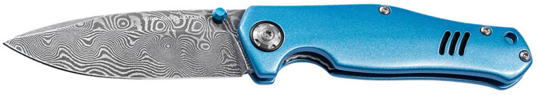 Boker 111101DAM 3.15" Drop Point Damascus Blade Blue Aluminum Handle