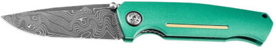 Boker 111102DAM   3.22″ Drop Point Plain Damascus Blade Green Aluminum Handle