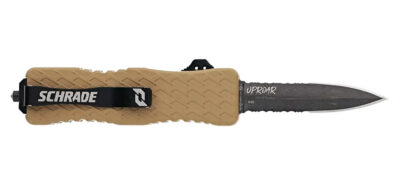 Schrade 1159305 Uproar  Automatic 3″ OTF Dagger Part Serrated Black Oxide D2 Steel Blade, Flat Dark Earth Textured Aluminum Handle