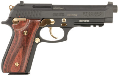 Taurus 1-920151GLD-HW1 92  Full Size Frame 9mm 17+1 5″ Matte Black Stainless Steel Barrel, Matte Black Serrated Alloy Steel Slide, Matte Black w/Gold Accents Aluminum Frame w/Picatinny Rail, Wood Grip