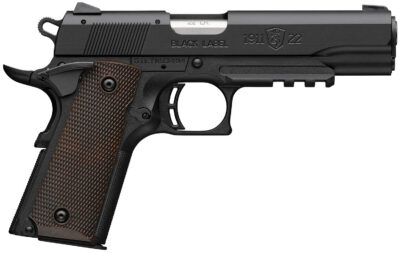 Browning 051065490 1911 Black Label Full Size Frame 22 LR 10+1 4.25″ Stainless Steel Barrel, Matte Black Serrated Slide, Matte Black Polymer Frame w/Picatinny Rail, Brown Composite Grip