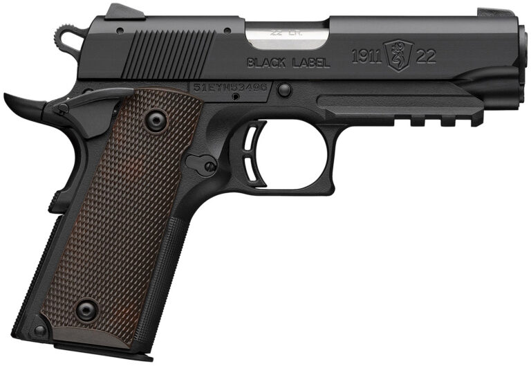 Browning 051066490 1911 Black Label Compact Frame 22 LR 10+1 3.63" Stainless Steel Barrel, Matte Black Serrated Slide, Matte Black Aluminum Frame w/Picatinny Rail, Brown Composite Grip