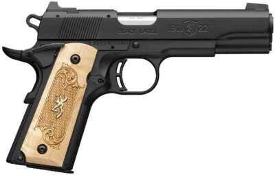 Browning 051067490 1911-22 Black Label Medallion Full Size Frame 22 LR 10+1 4.25″ Stainless Steel Barrel, Matte Black Serrated Slide, Matte Black Aluminum Frame w/Beavertail, Maple Medallion Grip