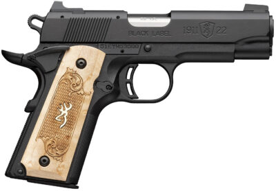 Browning 051068490 1911-22 Black Label Medallion Compact Frame 22 LR 10+1 3.63″ Stainless Steel Barrel, Matte Black Serrated Slide, Matte Black Aluminum Frame w/Beavertail, Maple Medallion Grip