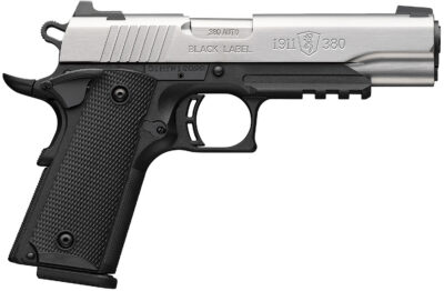 Browning 051120492 1911 Black Label Full Size Frame 380 ACP 8+1 4.25″ Stainless Steel Barrel, Satin Stainless Serrated Slide, Matte Black Polymer Frame w/Picatinny Rail, Black Polymer Grip