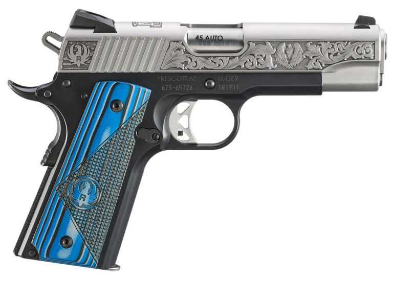 RUGER SR1911 COMMANDER-STYLE 45 AUTO 4.25IN BARREL 7RD NEWPORT NH EDITION STAINLESS WITH BLUE/BLACK DELUXE CHECKERED G10 GRIPS 16702