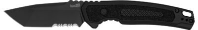Kershaw 7105 Launch 16 Automatic 3.45″ Folding Tanto Part Serrated Plain Black Cerakote CPM M4 Steel Blade, Black Cerakote Aluminum Handle