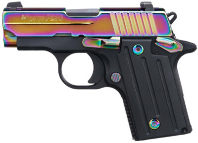Sig Sauer 238380RBT2 P238  Micro-Compact Frame 380 ACP 6+1 2.70″ Black Steel Barrel, High Polished Rainbow Titanium PVD Serrated Stainless Steel Slide, Black Anodized Alloy Steel Frame, Polymer Grip