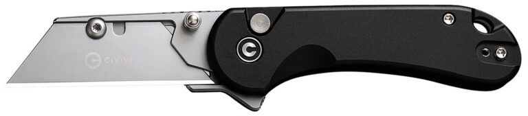 CIVIVI Knives Elementum Utility Button Lock Flipper Knife 2.26" 6Cr Replaceable Utility Blade, Black Aluminum Handles, Reversible Clip - C23039B-1