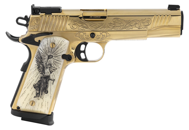 GIRSAN MC1911 MATCH GOLD .38 SUPER GOVERNMENT 1911 5IN BARREL 9RD S/A PISTOL ENGRAVED WOOD BOX ADJ SIGHT AMBI SAFETY CUSTOM ENGRAVED GRIPS 391093