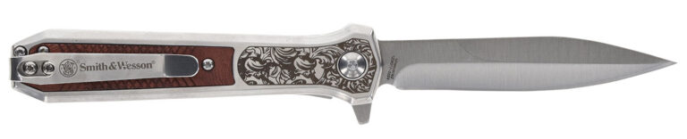 Smith & Wesson Knives 1205011 Unwavered 3.50" Folding Dagger, Plain Stonewashed 8Cr13MoV SS Blade, 4.25" Rosewood w/SS Scales Handle
