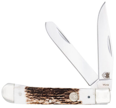 CobraTec Knives CTTDTRPSTAG Trapper  Folding 2.88″ Clip Point, 2.94″ Spey Plain Polished VG-10 SS Blades, 4.44″ Stag Bone Scales/SS Handle