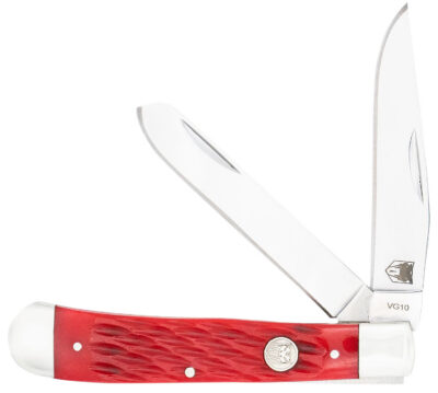 CobraTec Knives CTTDTRPREDBN Trapper  Folding 2.88″ Clip Point, 2.94″ Spey Plain Polished VG-10 SS Blades, 4.44″ Red Bone Scales/SS Handle
