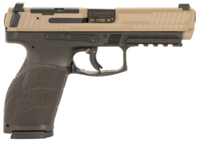 HK 81001197 VP9A1  Full Size Frame 9mm Luger 10+1 4.53″ Barrel, Flat Dark Earth Steel Optic Ready/Serrated Slide, Brown Polymer Frame w/Picatinny Rail, Interchangeable Backstrap Grip, Ambidextrous