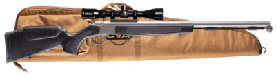 CVA PR2050SSCP Optima Scope Package 50 Cal 26″ Stainless Fluted Barrel, Drilled & Tapped Stainless Steel Receiver, Fixed Black Synthetic Stock, Konus 3-9x40mm BDC, Rifle Case, Aerolite Bullets