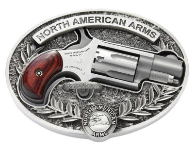 North American Arms 22LR-BBO Mini-Revolver w/Belt Buckle 22 LR 5 Shot 1.13″ Stainless Steel Barrel, Frame & Cylinder, Rosewood Birdshead Grip, Exposed Hammer, Includes Custom Carry Belt Buckle