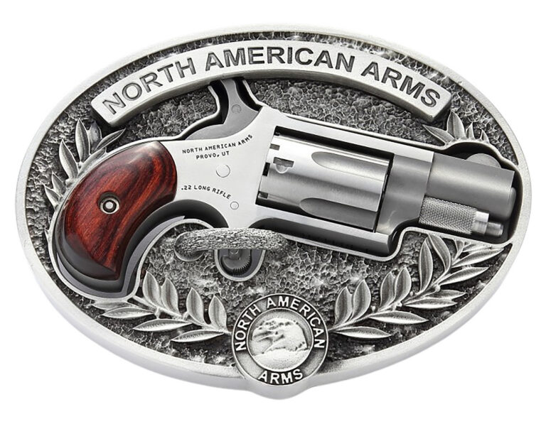 North American Arms 22LR-BBO Mini-Revolver w/Belt Buckle 22 LR 5 Shot 1.13" Stainless Steel Barrel, Frame & Cylinder, Rosewood Birdshead Grip, Exposed Hammer, Includes Custom Carry Belt Buckle