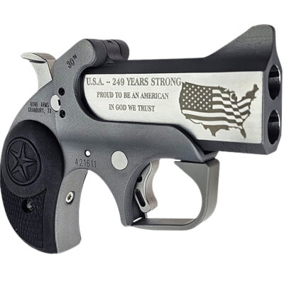 BOND ARMS 30TH ANNIVERSARY ENGRAVED ROUGH SERIES 45LC/410 3IN FLAT SIDED STAINLESS STEEL BARREL STAINLESS STEEL FRAME WITH ROUGH SERIES FINISH TRIGGER GUARD AND RUBBER PANEL GRIPS LIMITED EDITION BA30TH-45LC/410