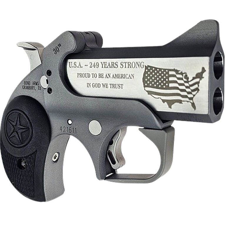 BOND ARMS 30TH ANNIVERSARY ENGRAVED ROUGH SERIES 45LC/410 3IN FLAT SIDED STAINLESS STEEL BARREL STAINLESS STEEL FRAME WITH ROUGH SERIES FINISH TRIGGER GUARD AND RUBBER PANEL GRIPS LIMITED EDITION BA30TH-45LC/410
