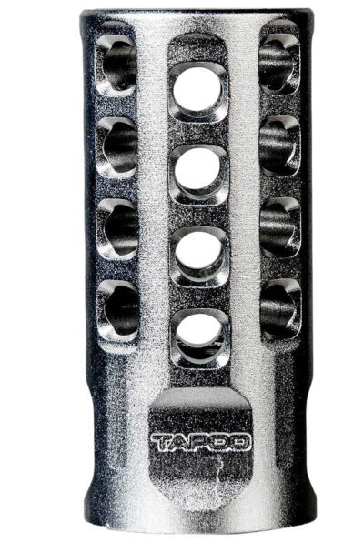 Tapco TAP22010  Muzzle Brake Silver Anodized Aluminum 1/2″x28 Threads 2″ OAL .920″ Diameter 22LR
