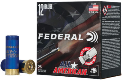 ALL AMERICAN 12 GAUGE 2-3/4” #8 SHOT SHOTGUN AMMO ALL AMERICAN 12 GA 2-3/4” 1-1/8OZ 1250 FPS #8 SHOT 25/BOX