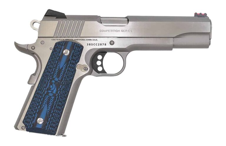 Colt Mfg O1073CCP Competition 38 Super 9+1 5" National Match Barrel, Stainless Steel Serrated Slide, Stainless Steel Frame w/Beavertail, Competition Blue G10 Grip