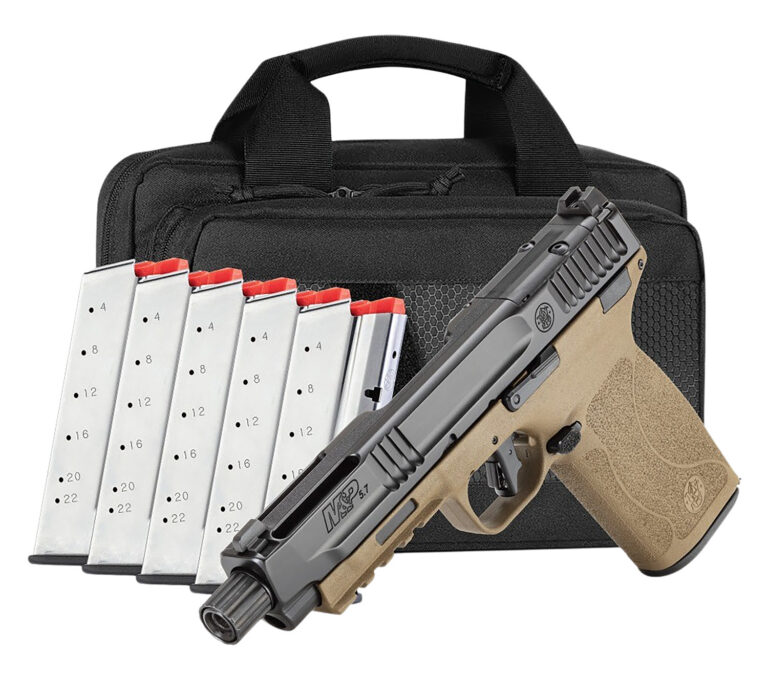 SMITH & WESSON M&P 5.7 CARRY ON BUNDLE 5" FDE 2 TONE O.R. NTS T.B. 6-22RD MAGS, SAVIOR BAG