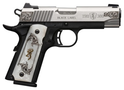 Browning 051967492 1911 Black Label Medallion Compact 380 ACP 8+1 3.63″ Matte Stainless Stainless Steel Barrel & Serrated Slide, Matte Black Polymer Frame w/Beavertail, White Imitation Pearl Grip