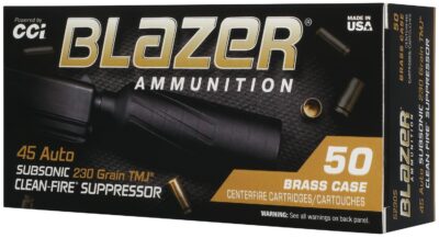 45 AUTO 230GR TMJ BLAZER BRASS CLEAN-FIRE SUPPRESSOR 50 ROUNDS