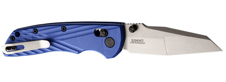 Hogue 24363 Deka 3.25" Folding Modified Wharncliffe Plain Stone Tumbled CPM MagnaCut Steel Blade, Blue Textured GRN Handle