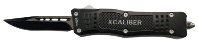 Xcaliber Knife Company  9mm  Small 2.75″ OTF Drop Point Black 440C SS Blade, 3.91″ Steel Handle