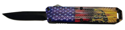 Xcaliber Knife Company  Don’t Tread on Me  Small 2.75″ OTF Drop Point Plain Black 440C SS Blade, 4.15″ US Flag Aluminum Handle