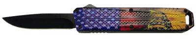 Xcaliber Knife Company  Don’t Tread on Me  Medium 3.20″ OTF Drop Point Plain Black 440C SS Blade, 4.80″ US Flag Aluminum Handle