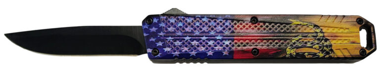 Xcaliber Knife Company Don't Tread on Me Medium 3.20" OTF Drop Point Plain Black 440C SS Blade, 4.80" US Flag Aluminum Handle