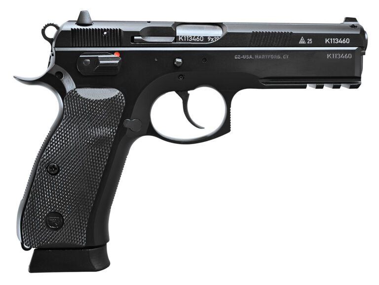 CZ-USA  75 SP-01 50th Anniversary Elite 9mm Luger 19+1 4.60" Black Steel Barrel & 50th Anniversary Engraved/Serrated Slide, Black Polycoat Steel Frame w/Picatinny Rail & Beavertail, Black Rubber Grip