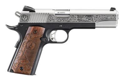 RUGER SR1911 LIMITED EDITION 45ACP 5IN BARREL 8RD BLACK FR / SILVER SL LASER ENGRAVED WITH MOUNTED RIDER AN AMERICAN FLAG BACK DROP  16706