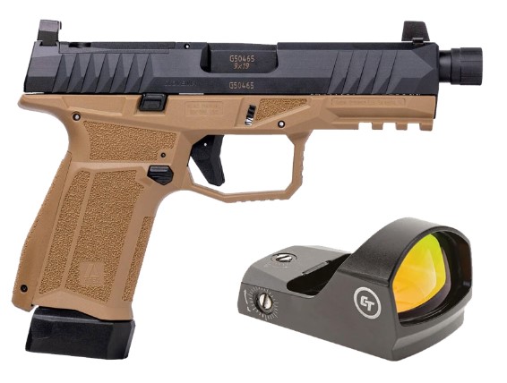 AREX DELTA M TACTICAL 9MM 1X15RD 1X17RD SUPPRESSOR HEIGHT SIGHTS 5X OPTICS PLATES FDE WITH CRIMSON TRACE RED DOT
