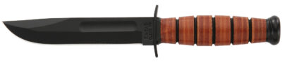 Ka-Bar 1250 Short USMC 5.25″ Fixed Clip Point Plain Black 1095 Cro-Van Blade, Brown Leather Handle, Includes Sheath