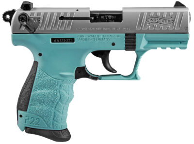 Walther Arms 5120362 P22 *CA Compliant 22 LR 10+1 3.42″ Black Permanent Threaded Capped Barrel, Stainless Steel Serrated Steel Slide, Angel Blue Polymer Frame w/Picatinny Rail, Black Interchangeable Backstrap Grip, Ambidextrous
