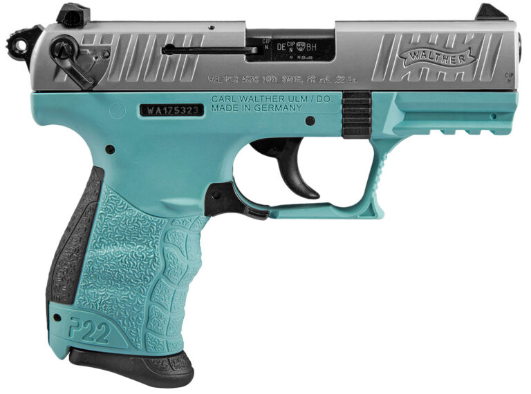 Walther Arms 5120362 P22 *CA Compliant 22 LR 10+1 3.42" Black Permanent Threaded Capped Barrel, Stainless Steel Serrated Steel Slide, Angel Blue Polymer Frame w/Picatinny Rail, Black Interchangeable Backstrap Grip, Ambidextrous
