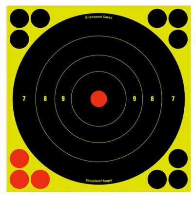 Birchwood Casey 34805 Shoot-N-C Reactive Target Self-Adhesive Paper Black/Yellow/Red 8″ Bullseye 6 Pack